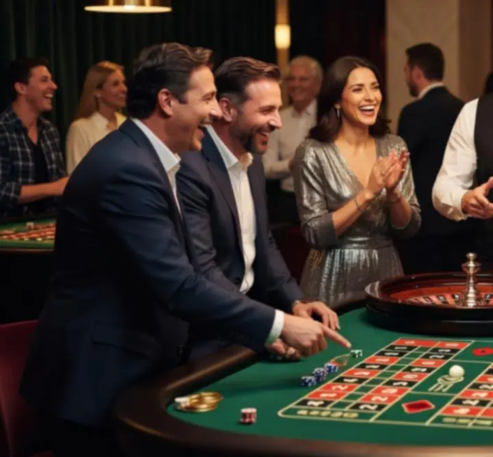 Grupa gości bawiących się przy mobilnym stole pokerowym